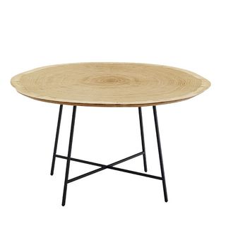 wooden table with oak veneer top and black lacquered steel base