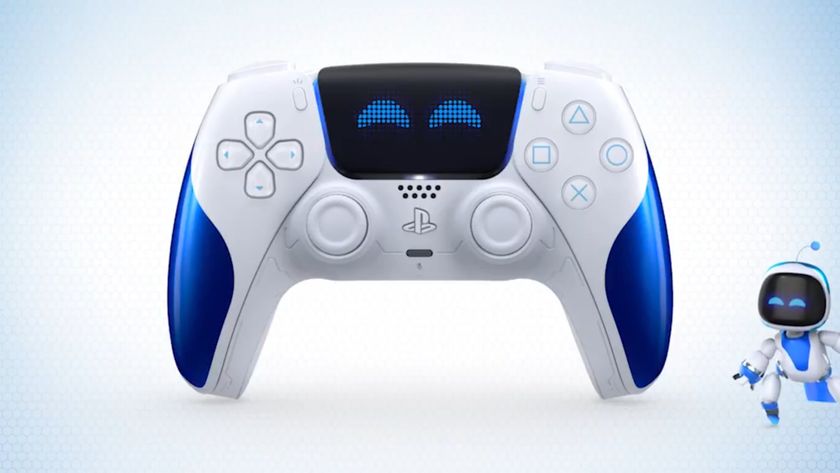 The Astro Bot Joyful DualSense on a white and blue background