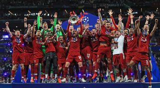 Liverpool's players celebrate their 2019 Champions League win