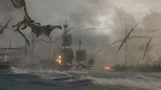 A dragon attacking a battle ship in House of the Dragon season 3