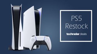 PS5 and PS5 Digital Edition consoles next to PS5 restock text and TechRadar logo on a blue background
