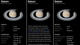 Three-panel page showing an image and details about the planet Saturn.