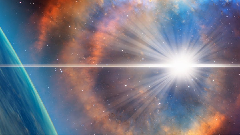 An illustration shows a supernova explosion bombarding Earth with neutrinos