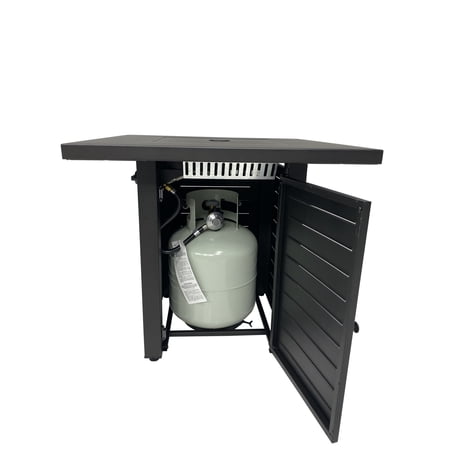 Mainstays 28-Inch Square Propane Fire Pit Table With Convertible Metal Lid, 50,000 Btu, Hidden Tank Storage, Lava Rocks & Protective Cover, Black