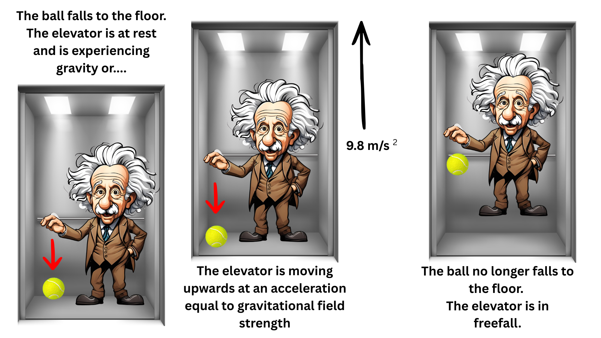 The ball falls to the floor. The elevator is at rest and is experiencing gravity or the elevator is moving upwards at an acceleration equal to gravitational field strength. The ball no longer falls to the floor. The elevator is in freefall.