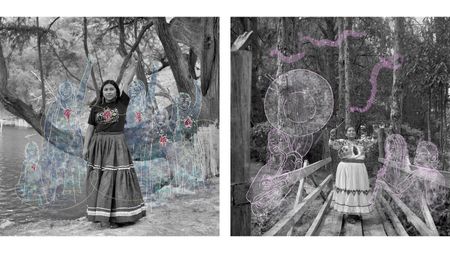 Two women in traditional skirts stand in forested areas with drawn outlines of people and musical instruments overlaid around them