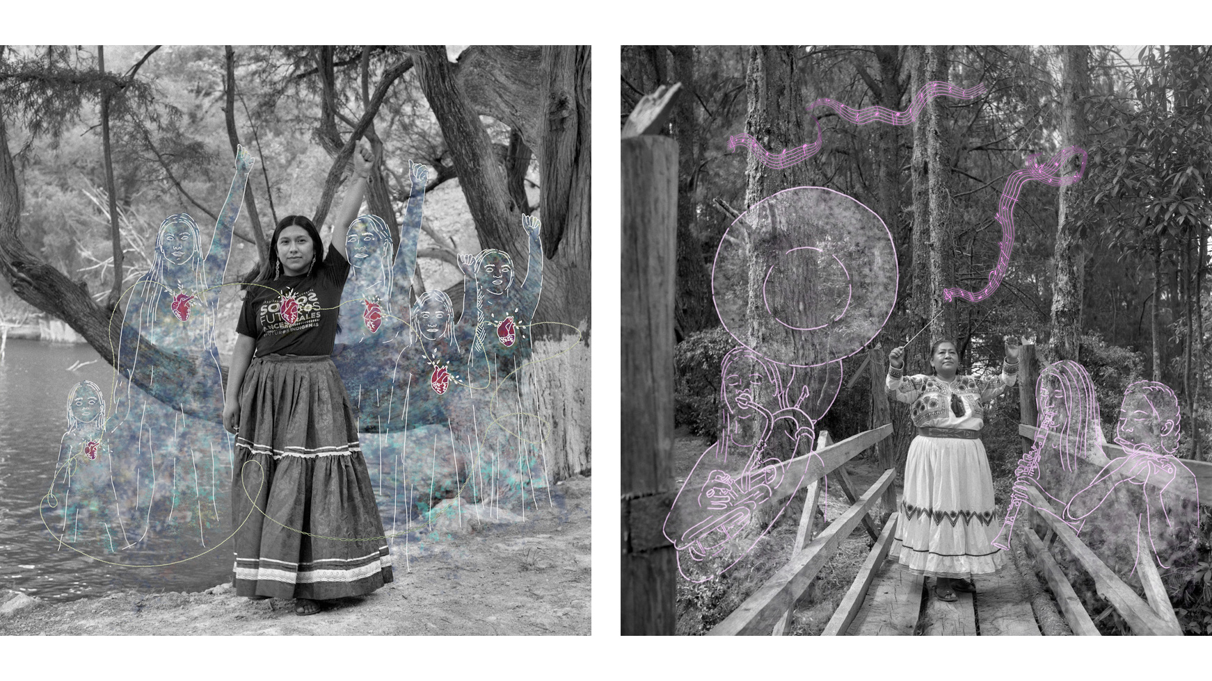 Two women in traditional skirts stand in forested areas with drawn outlines of people and musical instruments overlaid around them