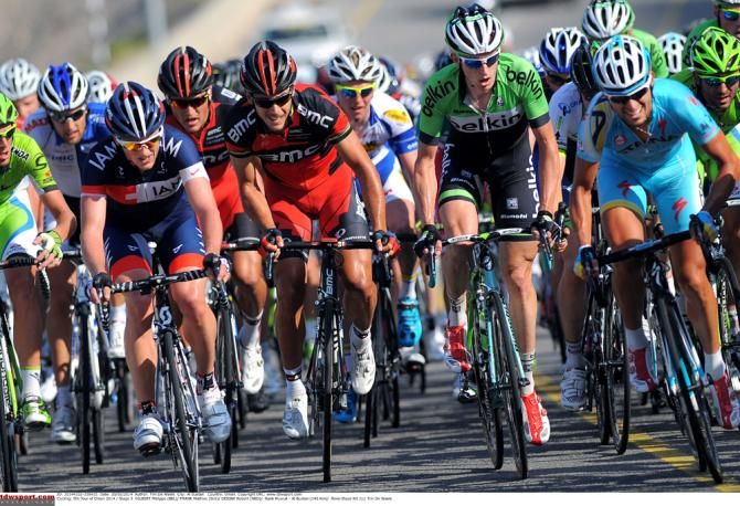 Mathias Frank (IAM Cycling), Philippe Gilbert (BMC) and Robert Gesink (Belkin) at the head of the peloton