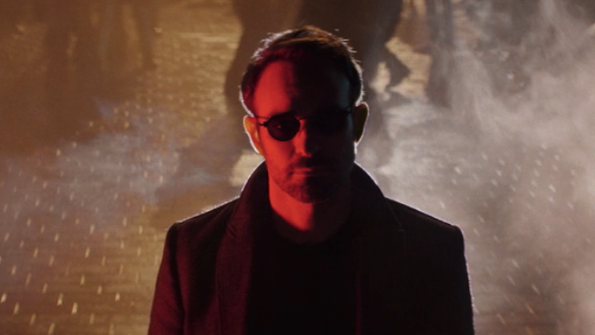 Matt Murdoch with red light on half his face in Daredevil: Born Again premiere episode 