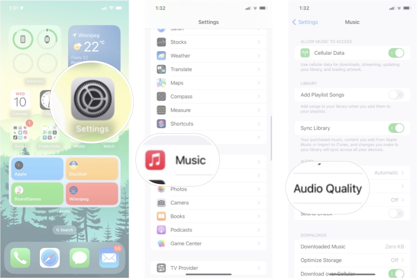 So passen Sie die Audioqualität in iOS 15 an: Starten Sie Einstellungen, tippen Sie auf Musik und dann auf Audioqualität.