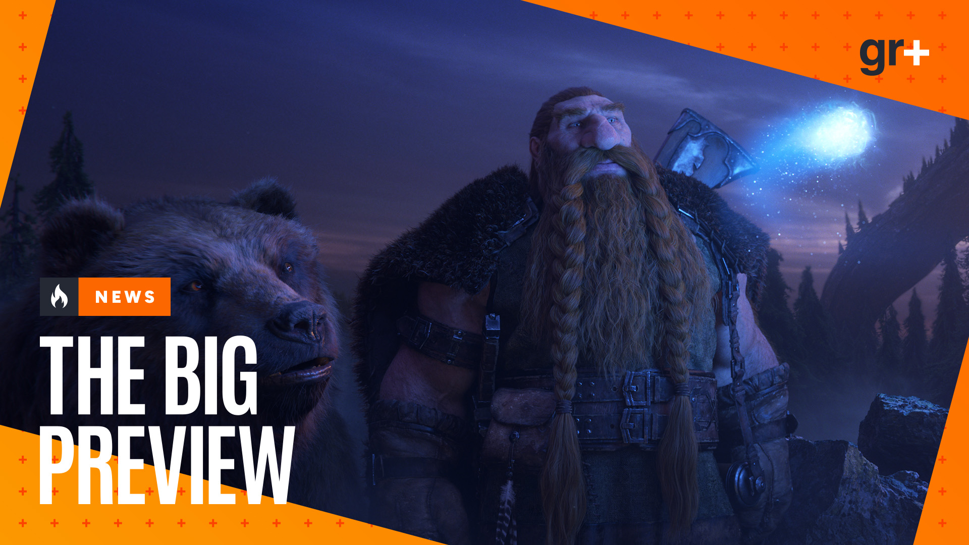 A dwarf and a bear look at a glowing blue wisp at night in World of Warcraft: Forever, with the GamesRadar+ Big Preview frame