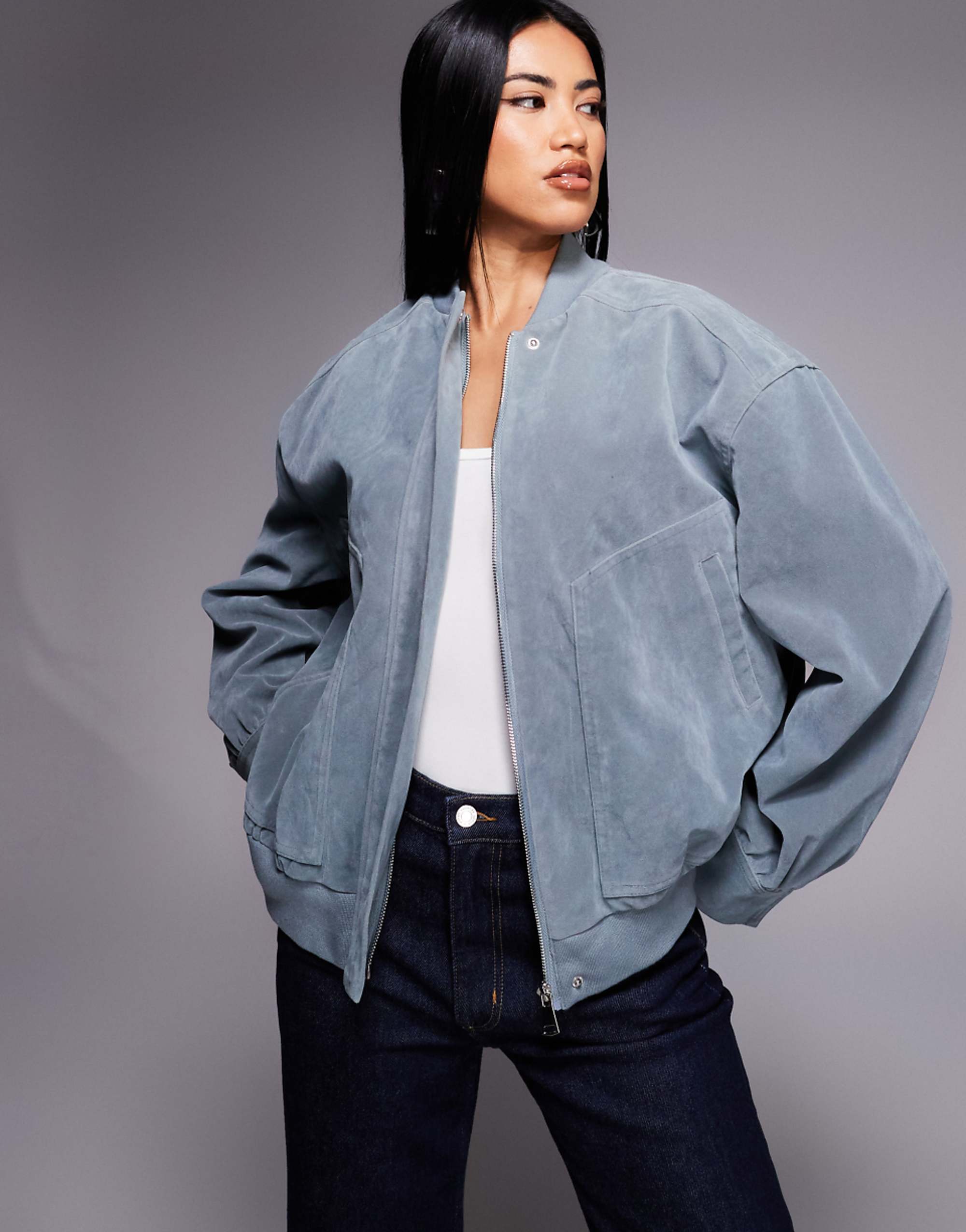 Kaiia Exclusive Faux Suede Bomber Jacket in Baby Blue