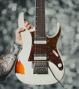 Closeup of Clayton King's custom Ibanez guitar