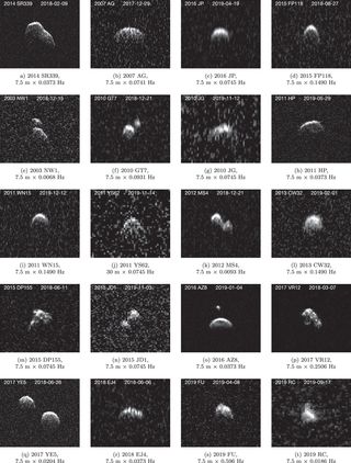 A handful of the newly-imaged asteroids, including the rare "equal mass" binary asteroid 2017 YE5 (bottom left).