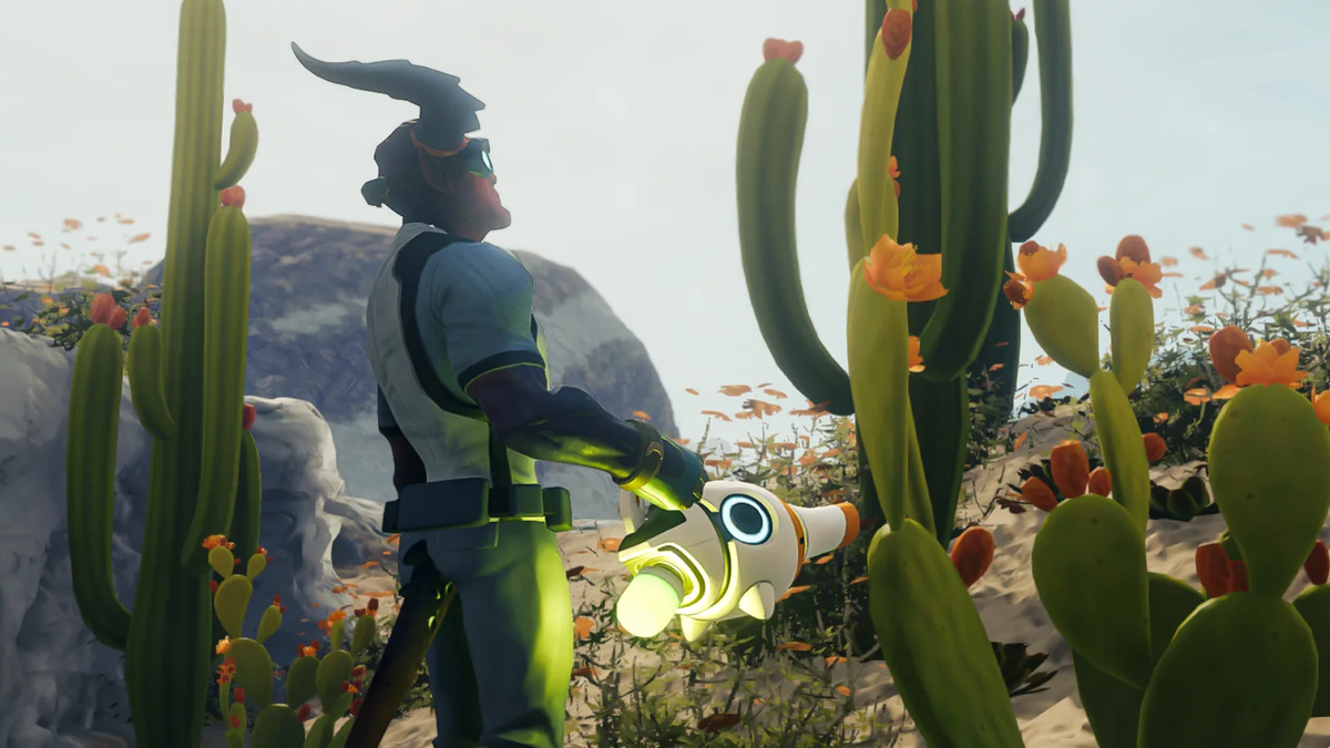 An alien waters some cacti in Stars Reach, a new MMO that recently funded its Kickstarter.