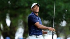 Tiger Woods looks on after hitting an iron shot