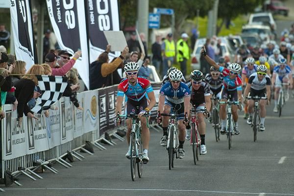 Jayco/AIS's Edward Bissaker sprints to victory in Metung on stage eight.