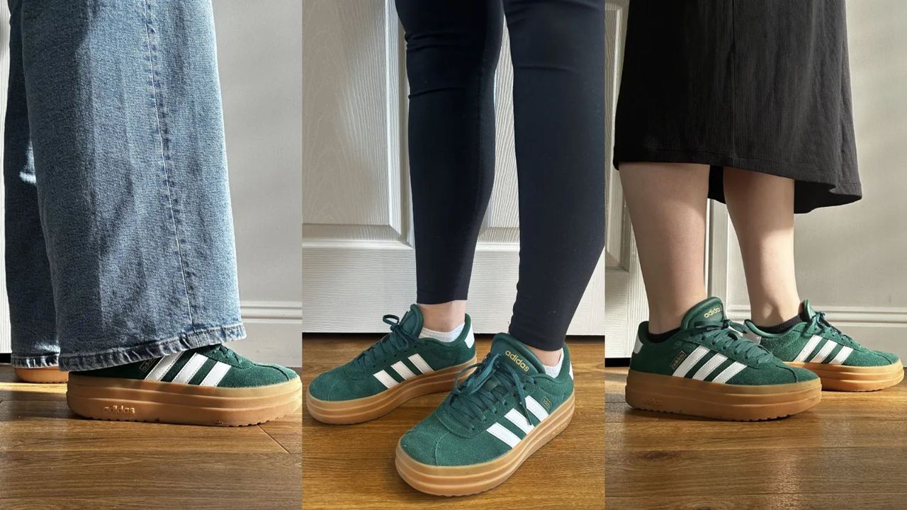 Three images of Lucy Trievnor wearing Adidas VL Court Bold trainers 
