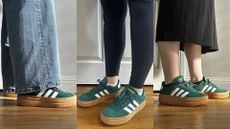 Three images of Lucy Trievnor wearing Adidas VL Court Bold trainers 