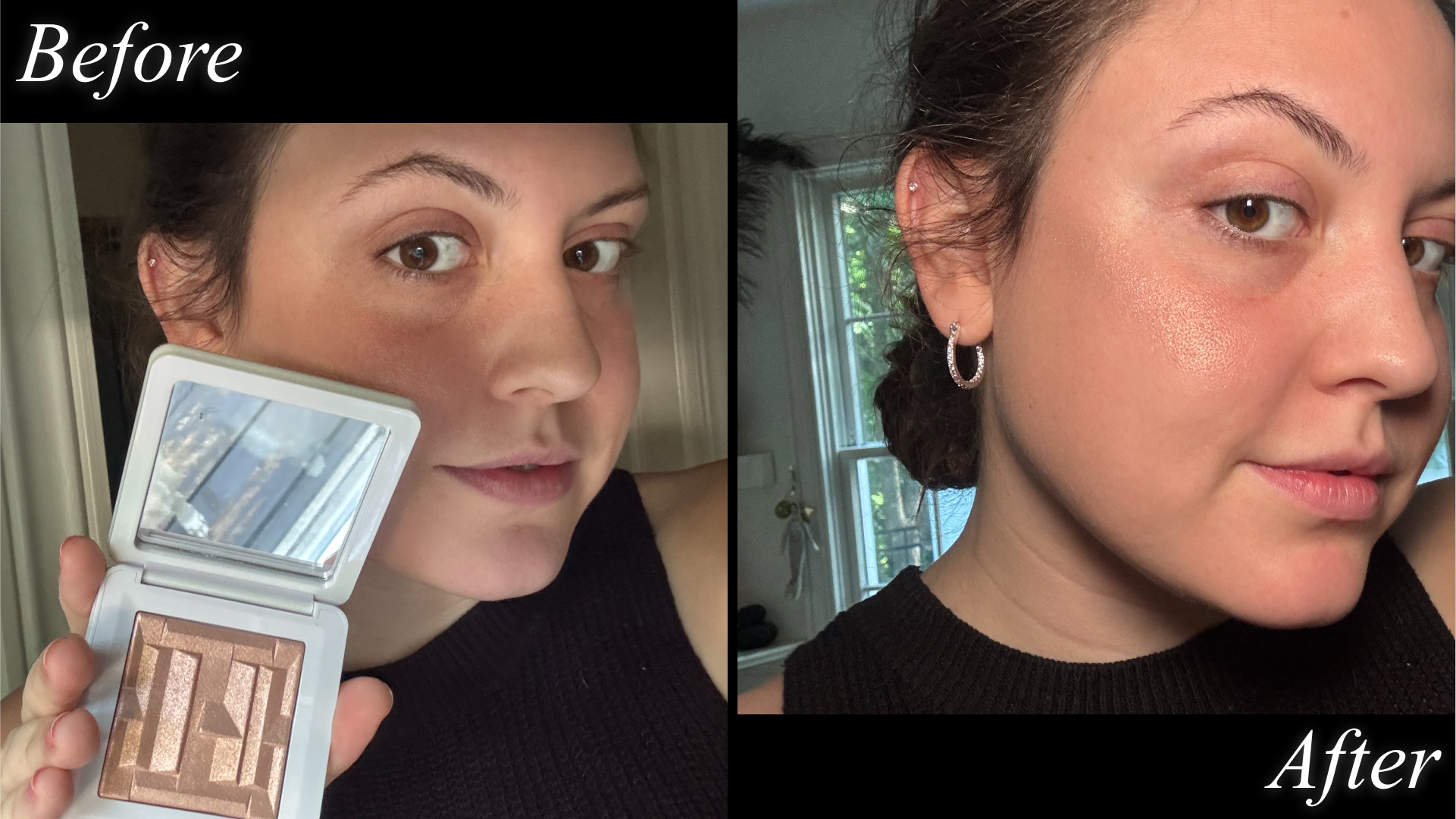 Sophia Vilensky before and after testing Haus Labs highlighter.