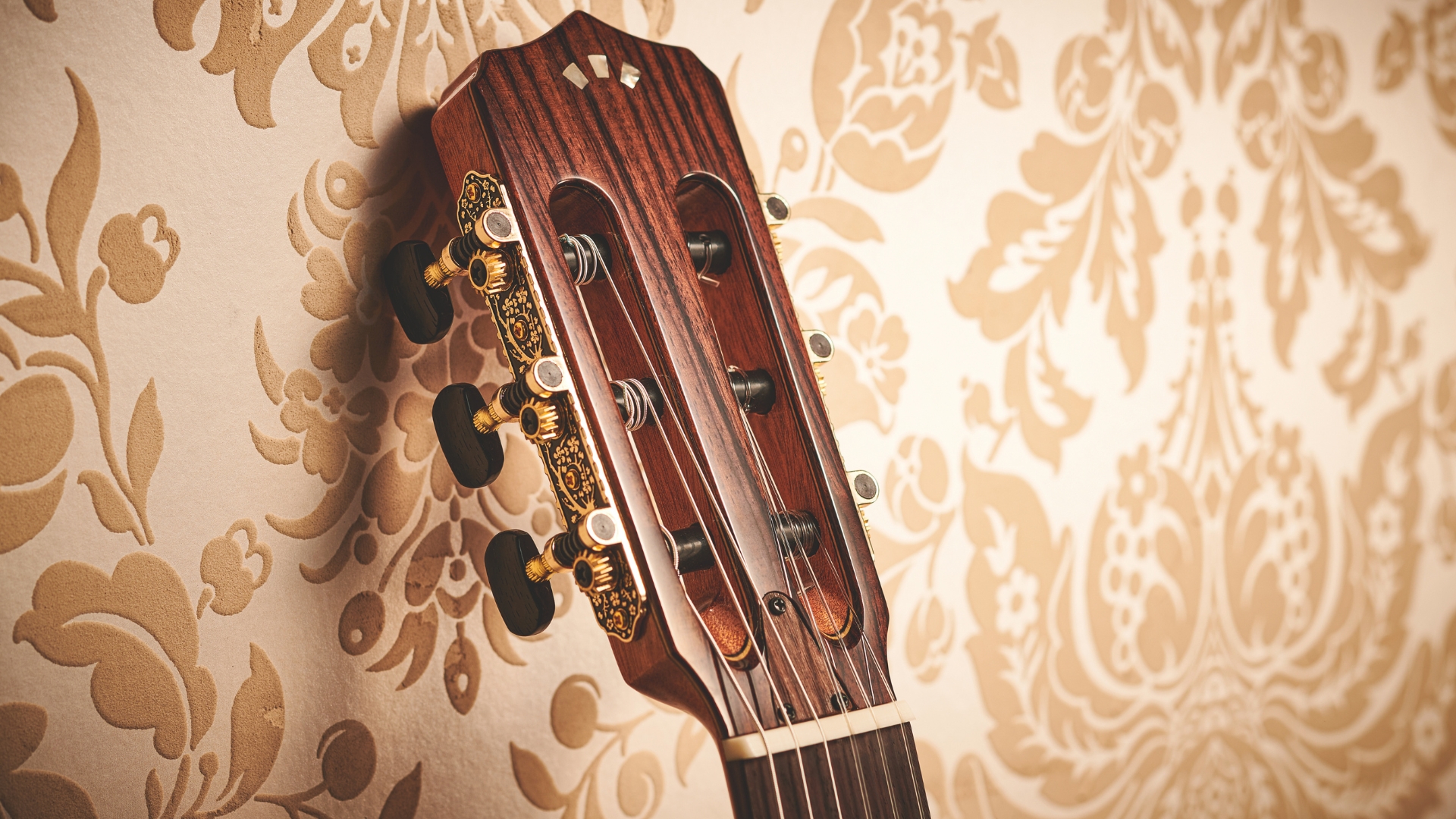Close up of the headstock on a classical guitar