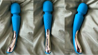 The LELO Smart Wand 2, as tested by woman&home, on satin green material from various angles