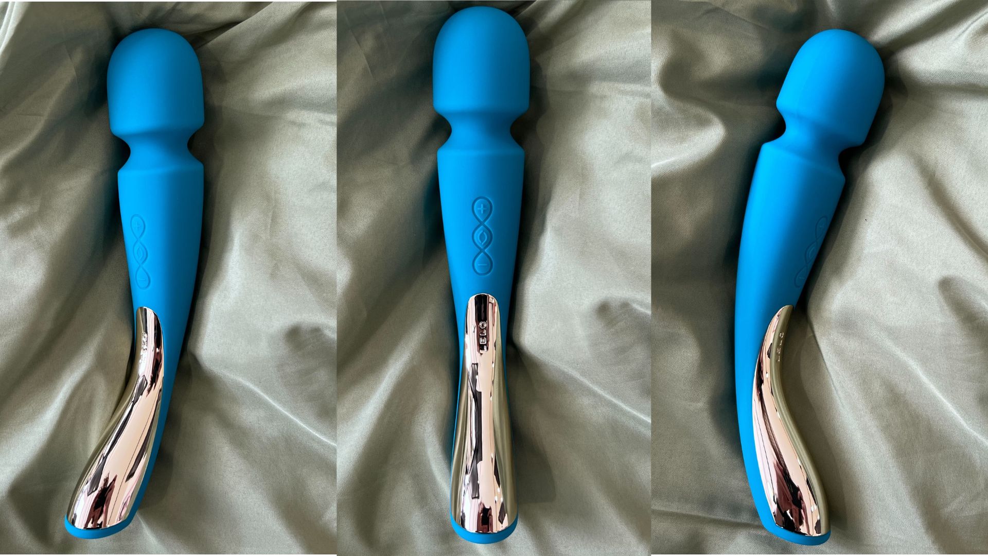The LELO Smart Wand 2, as tested by woman&home, on satin green material from various angles