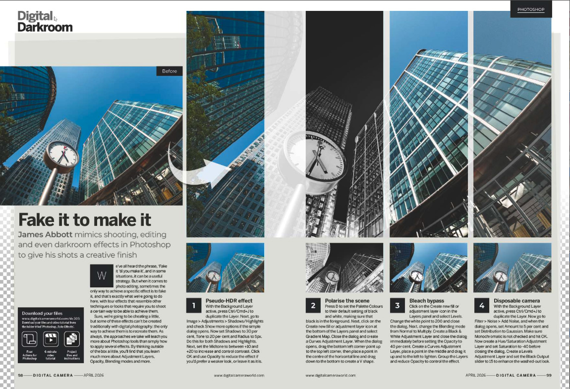 Image showing the Get the Look tutorial in issue 305 (April 2026) of Digital Camera magazine, about how to mimic shooting, editing and even darkroom effects in Photoshop