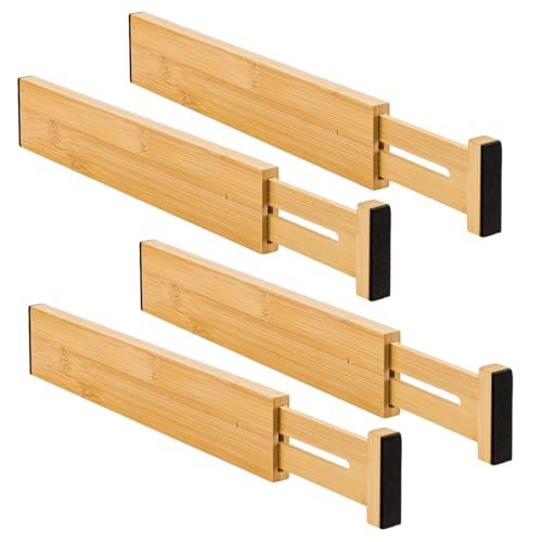 Jf Home Bliss 4 Pack Adjustable Bamboo Drawer Dividers 12.8"-17" Long Expandable Drawer Organiser Separators for Kitchen Bedroom Bathroom Dresser Office &amp;ndash; Spring Laded Dividers No Tools Required