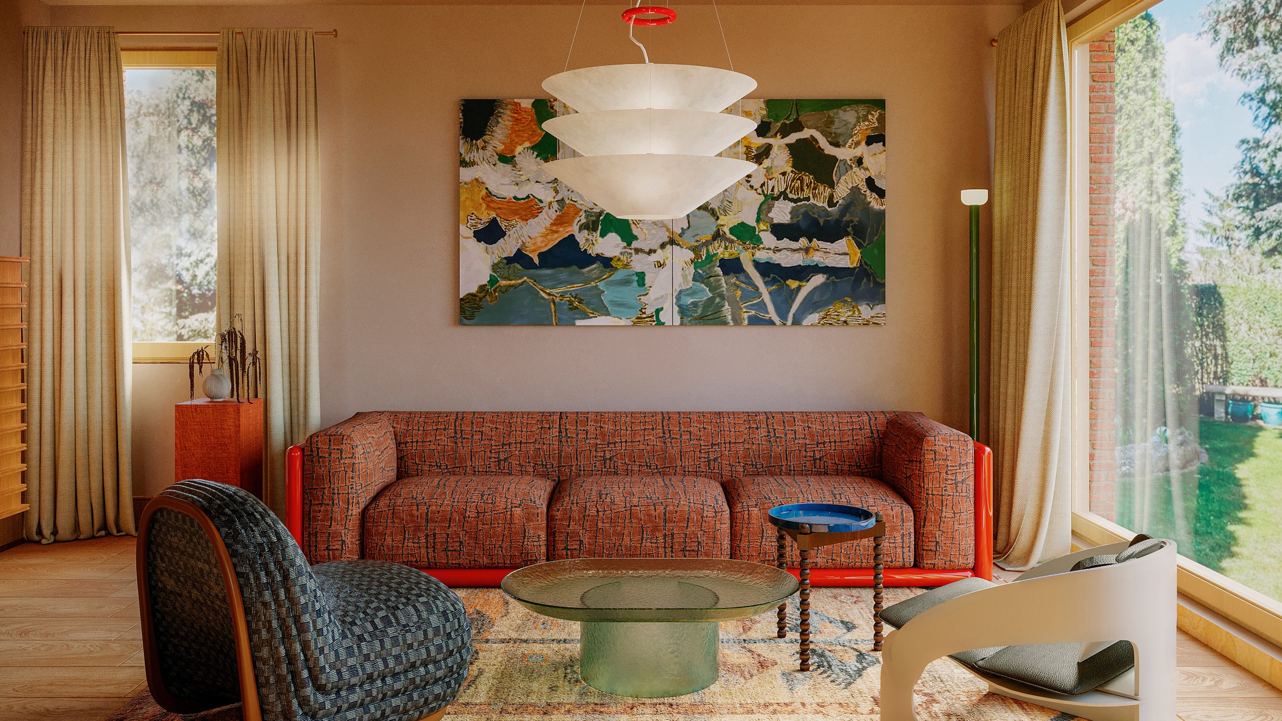 Living room with plaster walls, red sofa, blue armchair and green glass coffee table