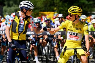 LOUDENVIELLE FRANCE JULY 14 LR Jonas Vingegaard Hansen of Denmark and Team Visma Lease a Bike Polka Dot Mountain Jersey and Tadej Pogacar of Slovenia and UAE Team Emirates Yellow Leader Jersey prior to the 111th Tour de France 2024 Stage 15 a 1977km stage from Loudenvielle to Plateau de Beille 1782m UCIWT on July 14 2024 in Loudenvielle France Photo by Tim de WaeleGetty Images