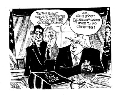 Political cartoon U.S. Trump tweets tax code