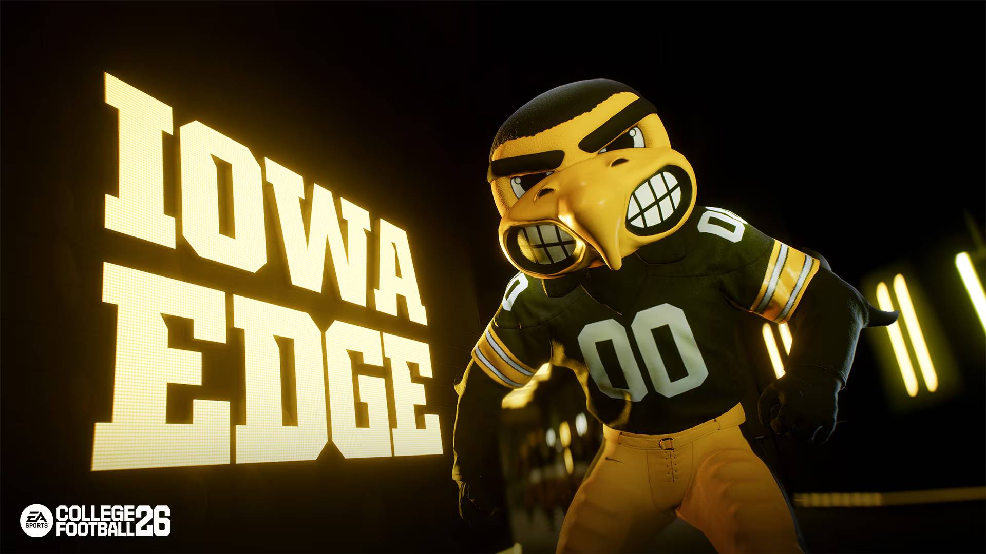 University of Iowa mascot Herky the Hawk stares down the camera in EA Sports College Football 26