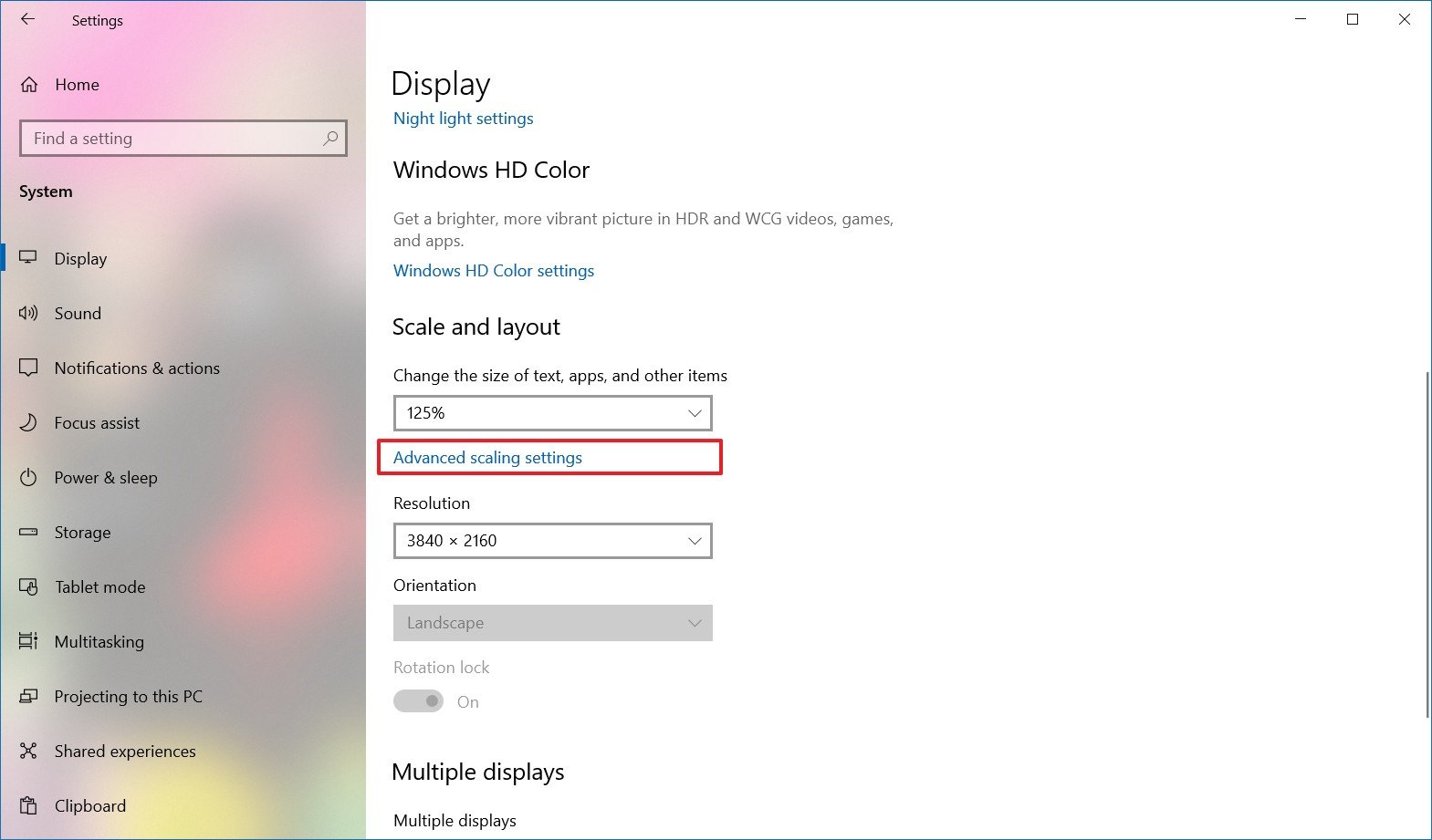 Windows 10 advanced scaling settings option