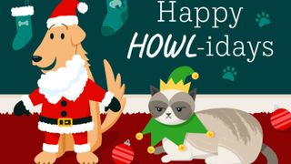 an image of the Amazon gift card cover featuring an animated dog and cat dressed festively, one of w&h's picks for Christmas gifts for dogs