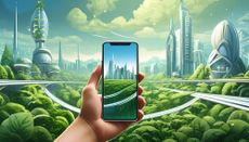 An AI-generated image of a phone in front of a futuristic city