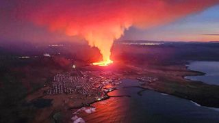 Aerial view of a volcanic eruption on the outskirts of Grindavik in Iceland.