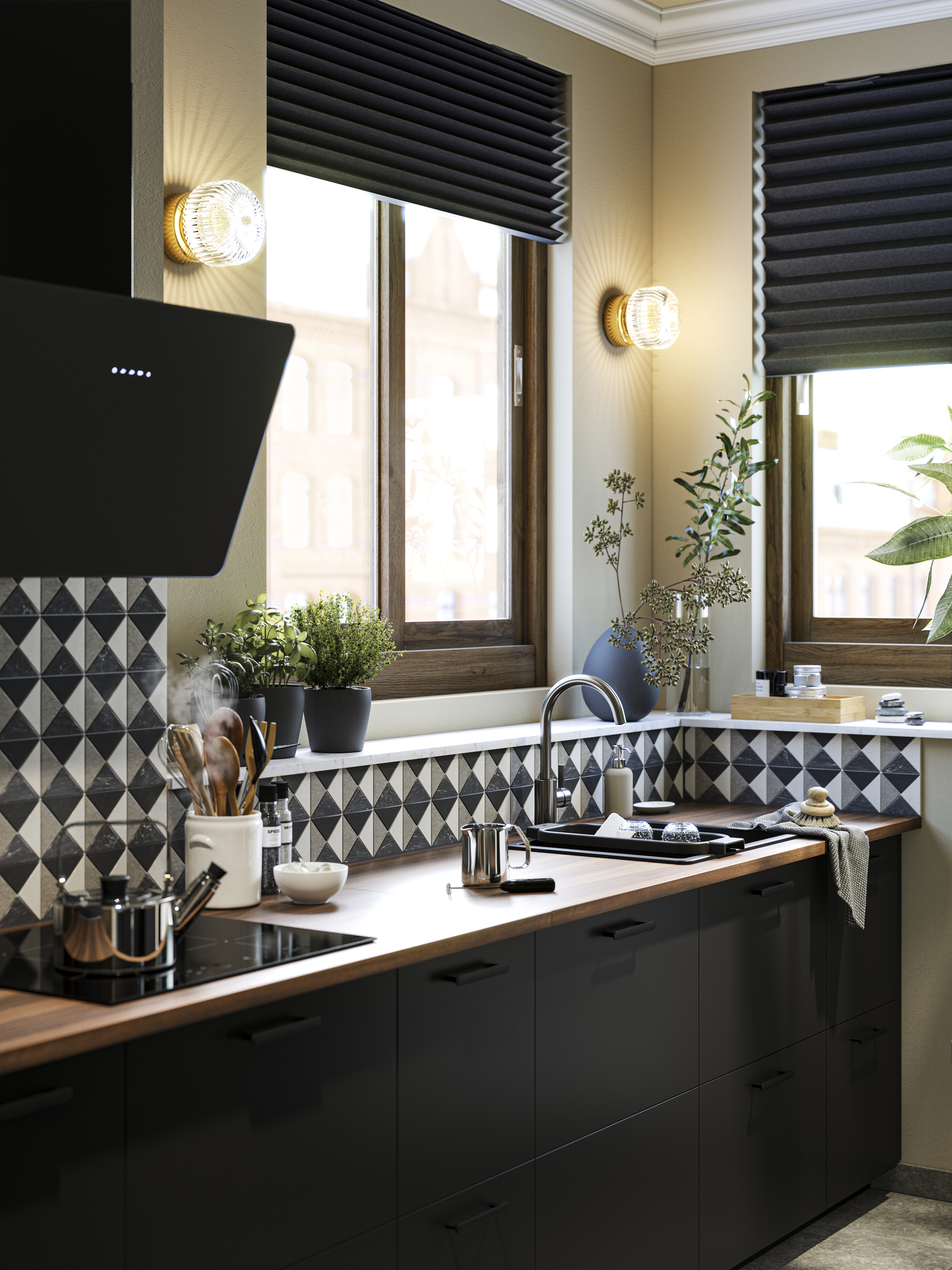 A modern kitchen with a geometric tile backsplash and blackout blinds in the window