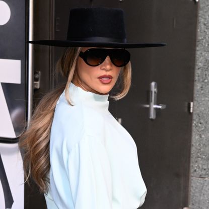 Jennifer Lopez wore a teal skirt set from Willy Chavarria Spring 2026 show, worn by Pamela Anderson in July