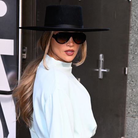 Jennifer Lopez wore a teal skirt set from Willy Chavarria Spring 2026 show, worn by Pamela Anderson in July