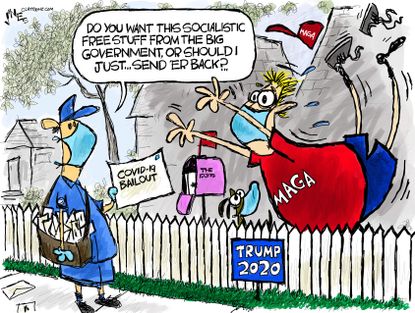 Political Cartoon U.S. Trump MAGA COVID-19 bailout tripping socialism