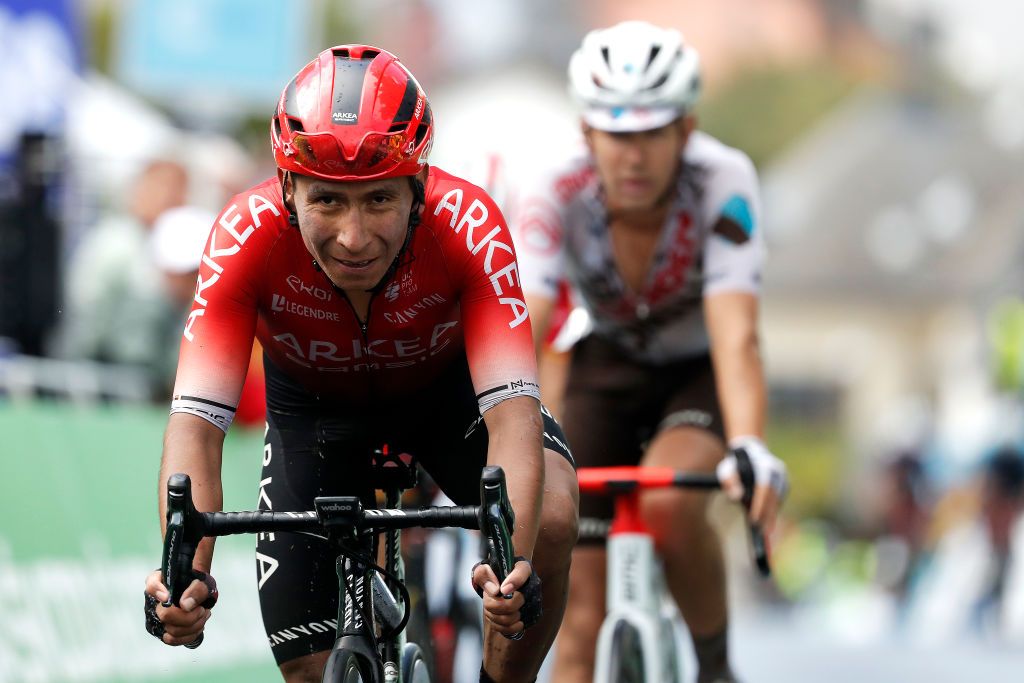 ESCHSURSRE LUXEMBOURG SEPTEMBER 15 Nairo Alexander Quintana Rojas of Colombia and Team Arka Samsic crosses the finishing line during the 81st SkodaTour De Luxembourg 2021 Stage 2 a 1861km stage from Steinfort to EschSurSre Eschdorf 504m skodatour skodatour on September 15 2021 in EschSurSre Luxembourg Photo by Bas CzerwinskiGetty Images