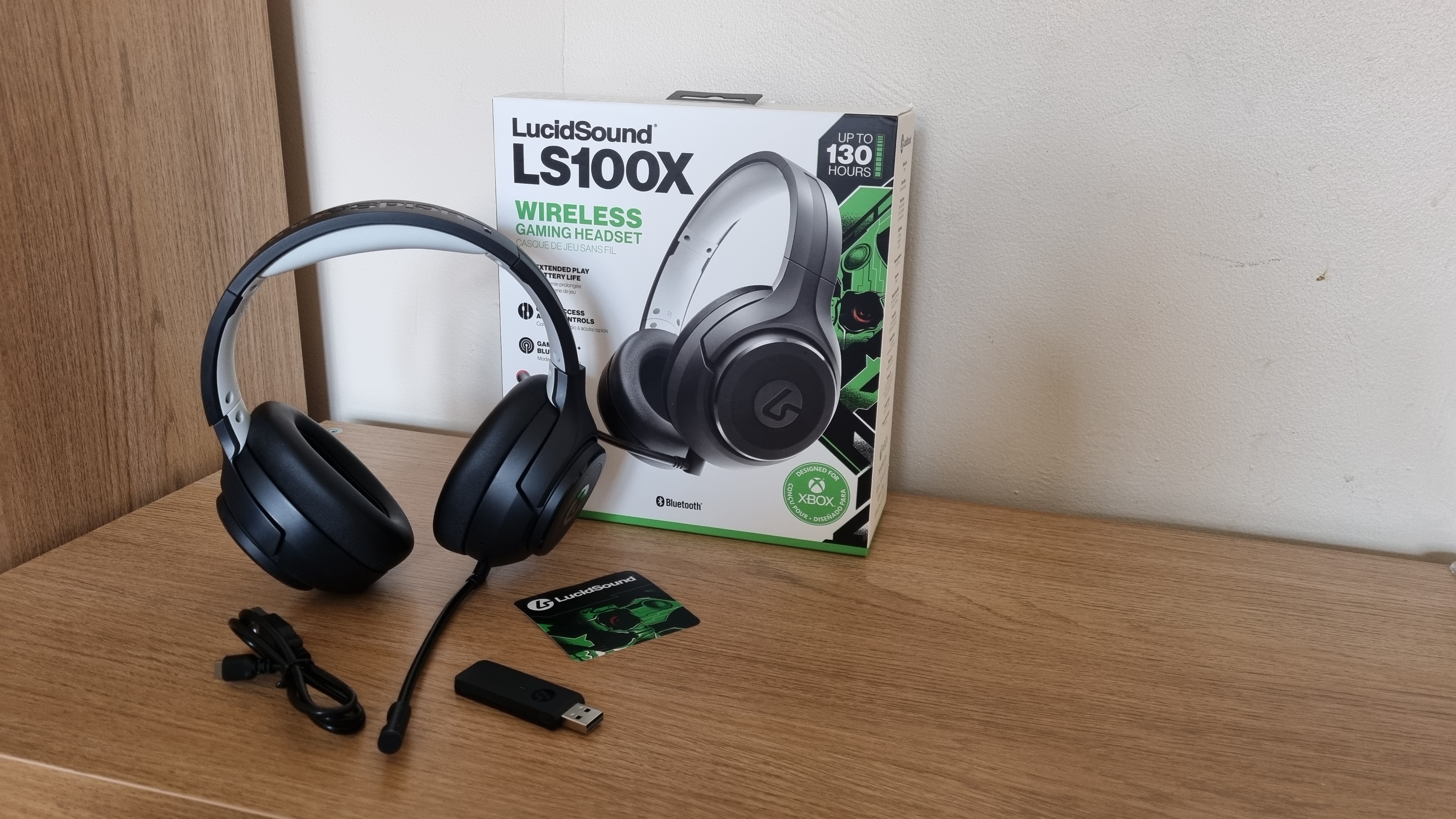 LucidSound LS100x with USB dongle and charging cable