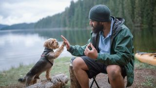 dog and man high fiving on camping chair