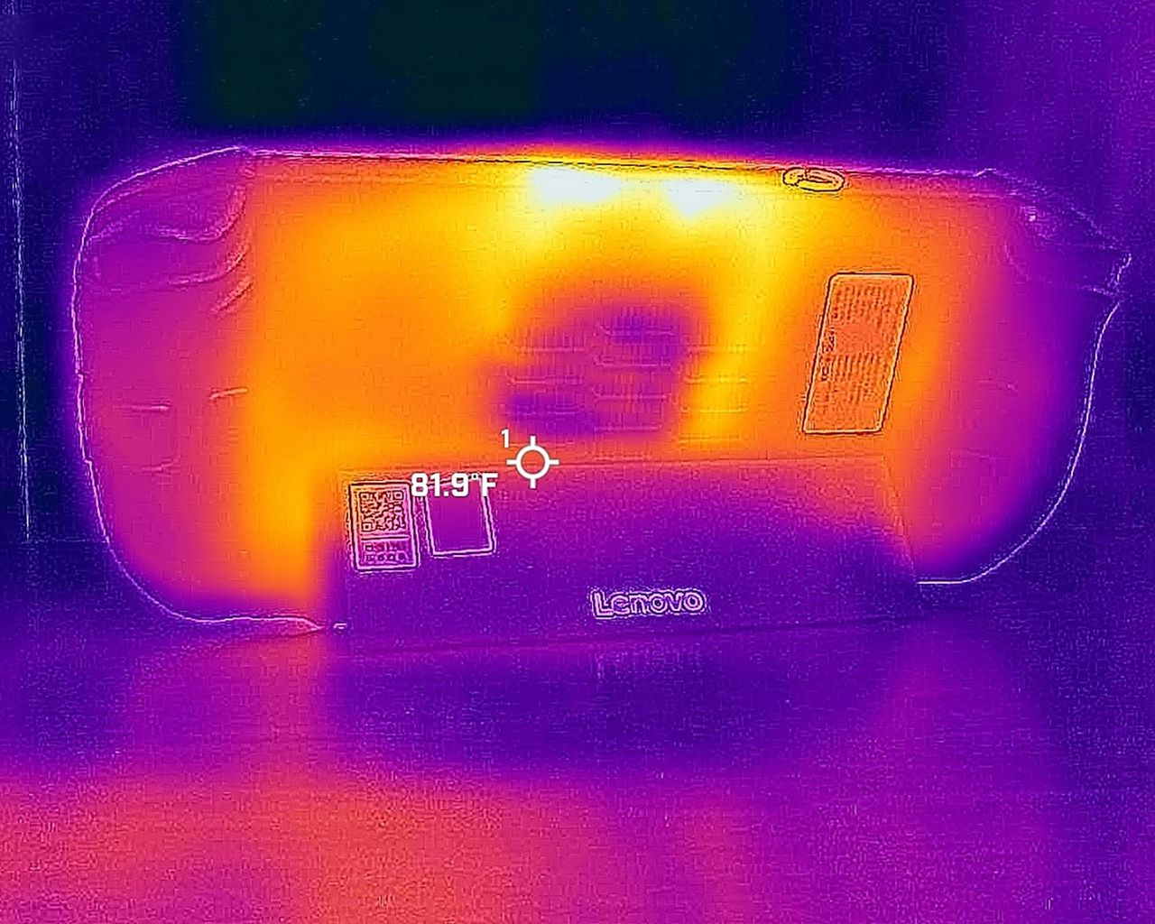 Thermal picture of the Lenovo Legion Go 2's backside, showing it gets hotter at the top near the vents.