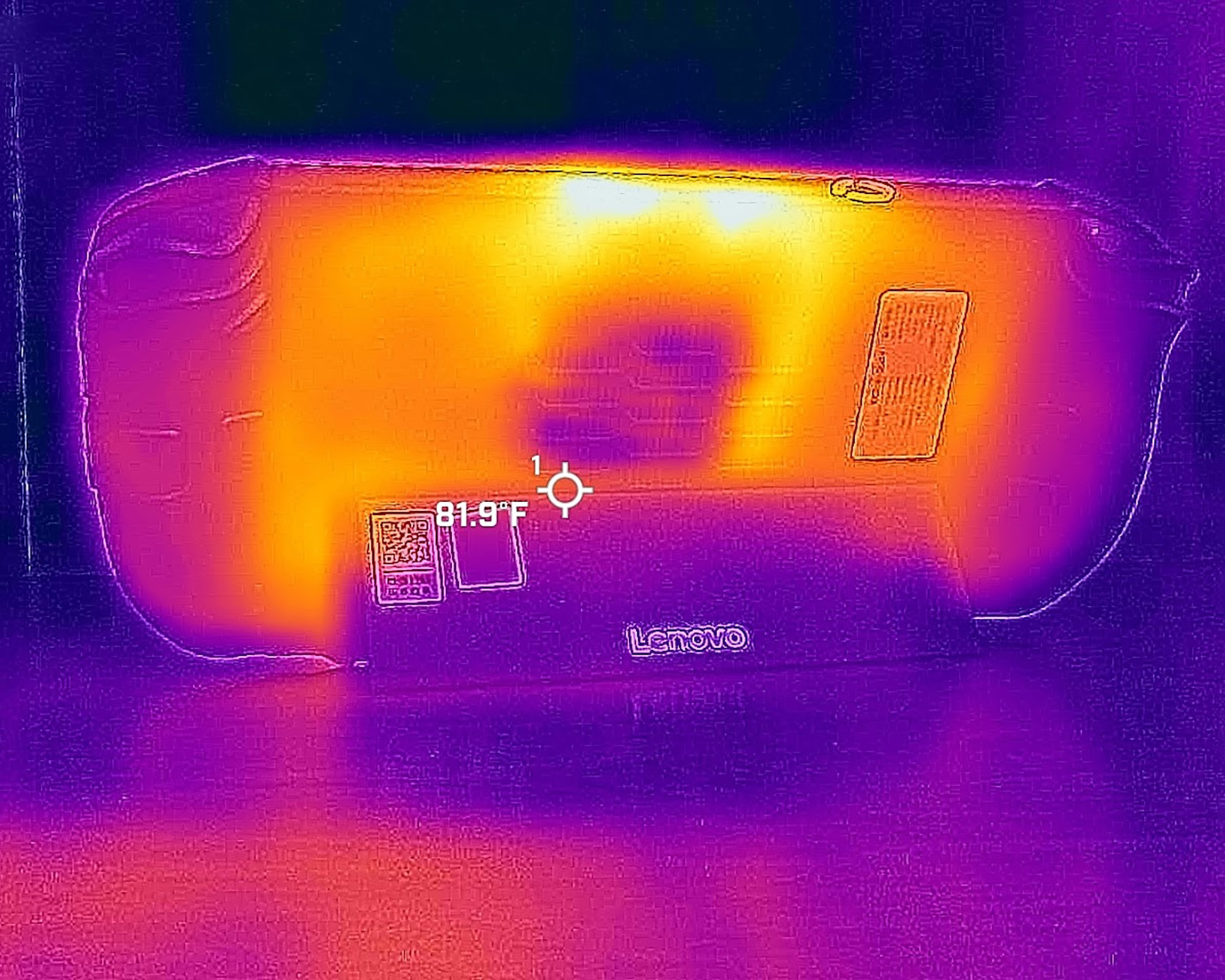 Thermal picture of the Lenovo Legion Go 2's backside, showing it gets hotter at the top near the vents.  