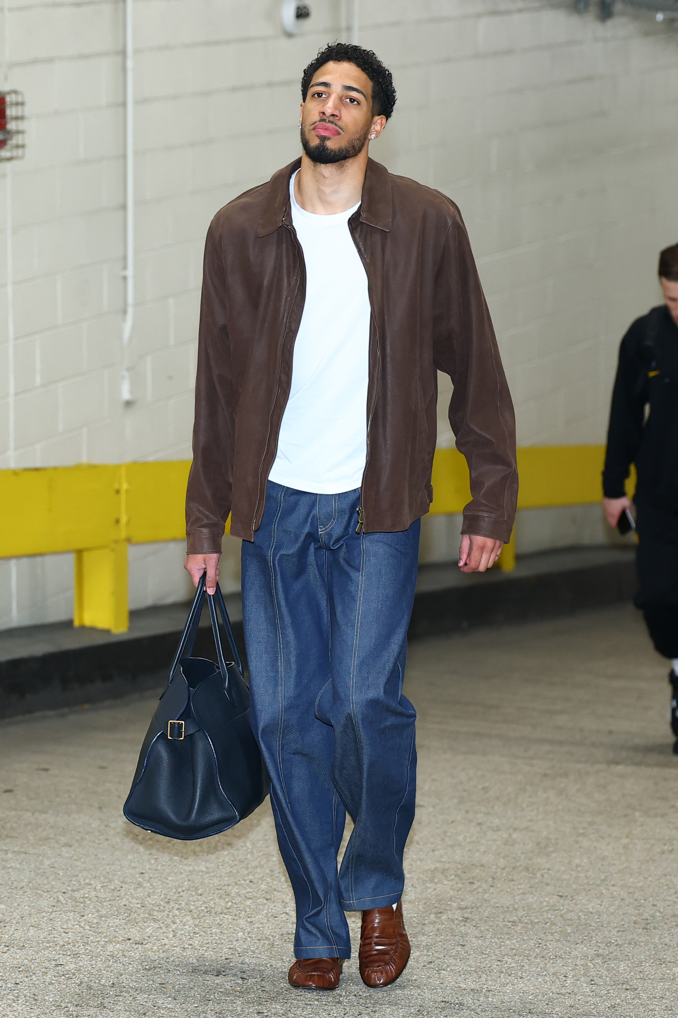Tyrese Haliburton #0 of the Indiana Pacers arrives to the arena before the game against the New York Knicks during Game 5 of the 2025 Eastern Conference Finals on May 29, 2025 at Madison Square Garden in New York City, New York.