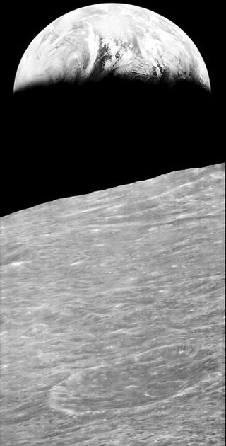 The Lunar Orbiter 1 spacecraft took the iconic photograph of Earth rising above the lunar surface in 1966.