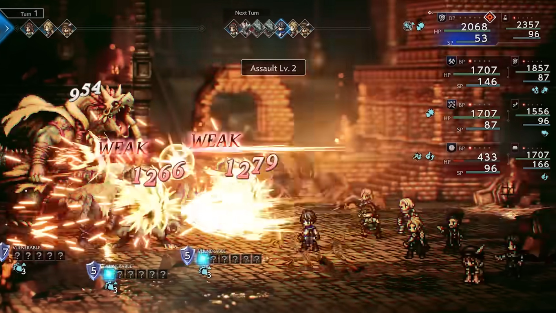 A big party slashing a group of enemies during a fight in the Switch and Switch 2 RPG, Octopath Traveler 0