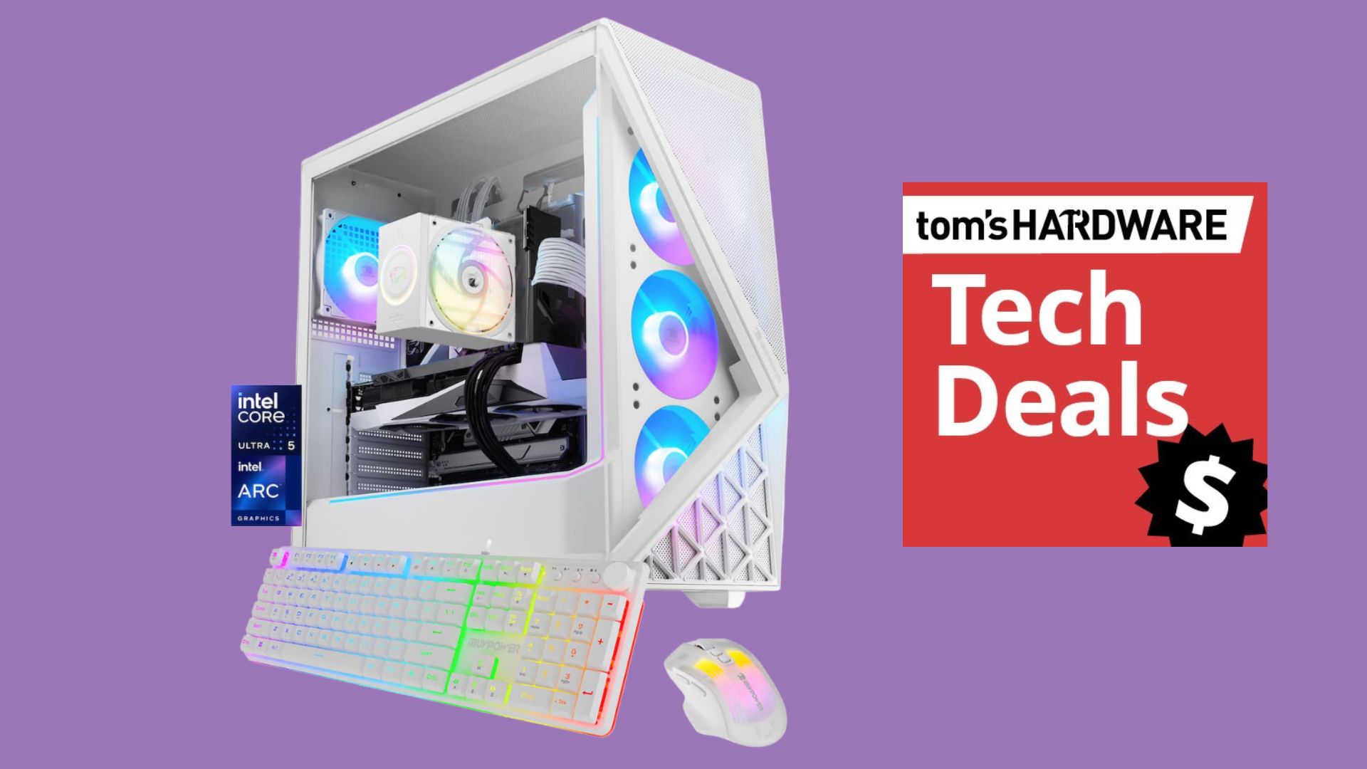 iBuypower Slate gaming PC in white, placed on a colored background.